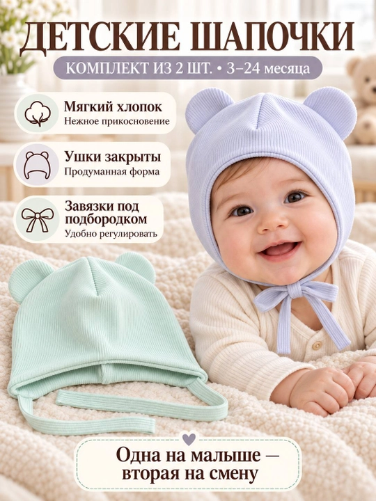 Детские шапочки для новорождённых, 2 шт. в наборе, подойдут малышам от 3 до 18 месяцев