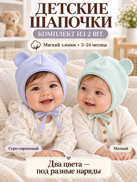 Детские шапочки для новорождённых, 2 шт. в наборе, подойдут малышам от 3 до 18 месяцев
