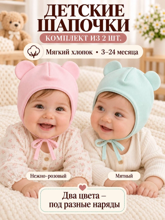 Детские шапочки для новорождённых, 2 шт. в наборе, подойдут малышам от 3 до 18 месяцев