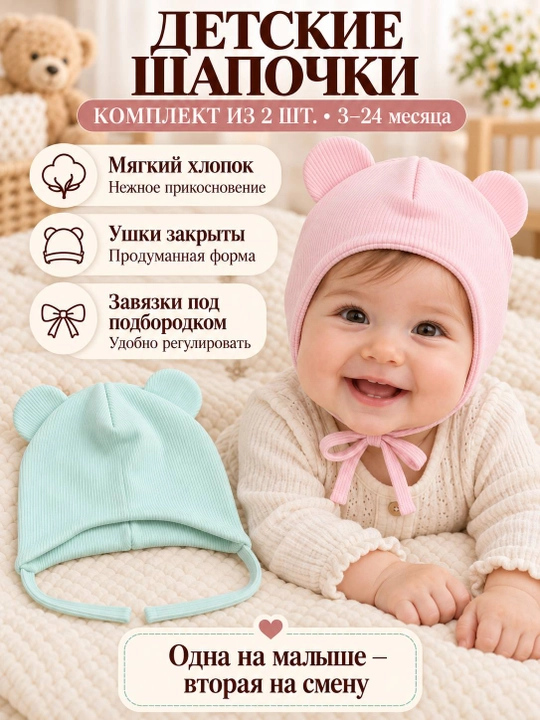 Детские шапочки для новорождённых, 2 шт. в наборе, подойдут малышам от 3 до 18 месяцев