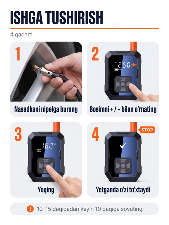 Avtomobil kompressori simsiz, g'ildirak nasosi, raqamli displey, avtomatik to'xtash, 12V