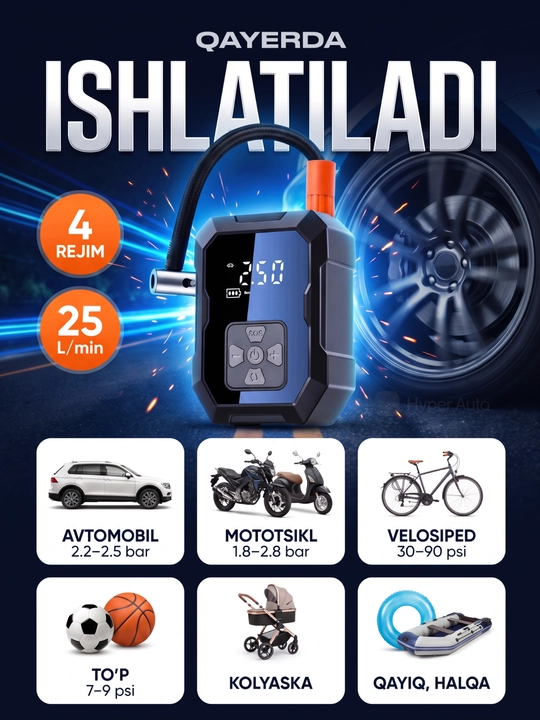 Avtomobil kompressori simsiz, g'ildirak nasosi, raqamli displey, avtomatik to'xtash, 12V