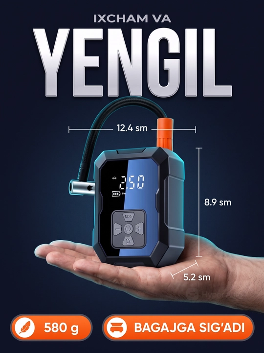 Avtomobil kompressori simsiz, g'ildirak nasosi, raqamli displey, avtomatik to'xtash, 12V