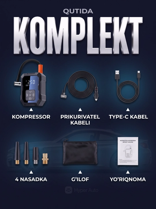 Avtomobil kompressori simsiz, g'ildirak nasosi, raqamli displey, avtomatik to'xtash, 12V