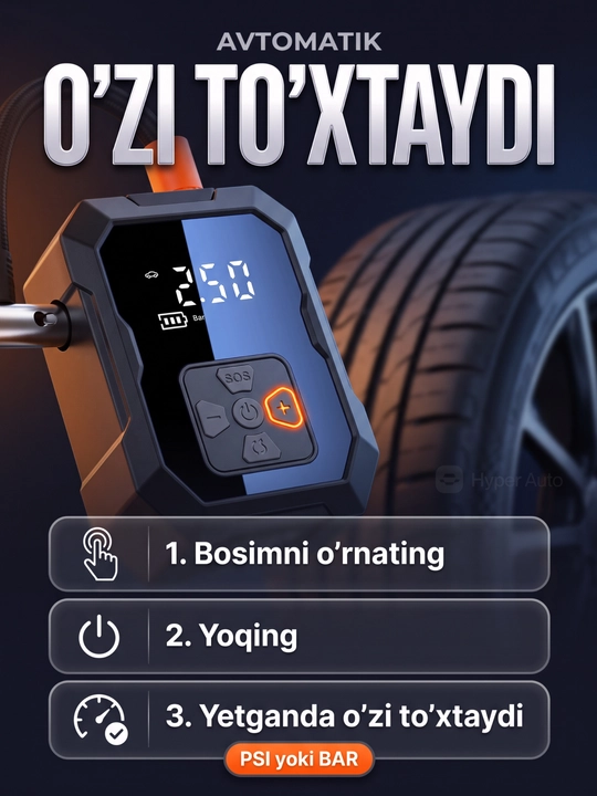 Avtomobil kompressori simsiz, g'ildirak nasosi, raqamli displey, avtomatik to'xtash, 12V