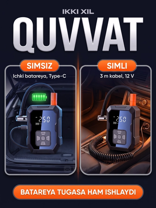 Avtomobil kompressori simsiz, g'ildirak nasosi, raqamli displey, avtomatik to'xtash, 12V