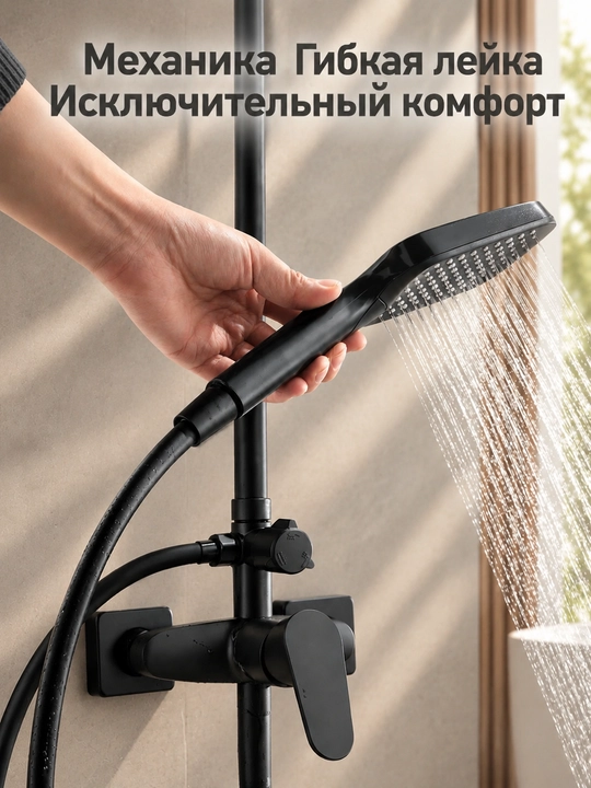 Yuqori dush va qo‘l purkagichli dush tizimi, 3 rejim, mexanik boshqaruv, qora