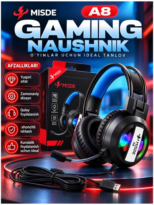 A8 gaming stereo naushnik rgb led mikrofonli simli quloqchin kompyuter va telefon uchun - 