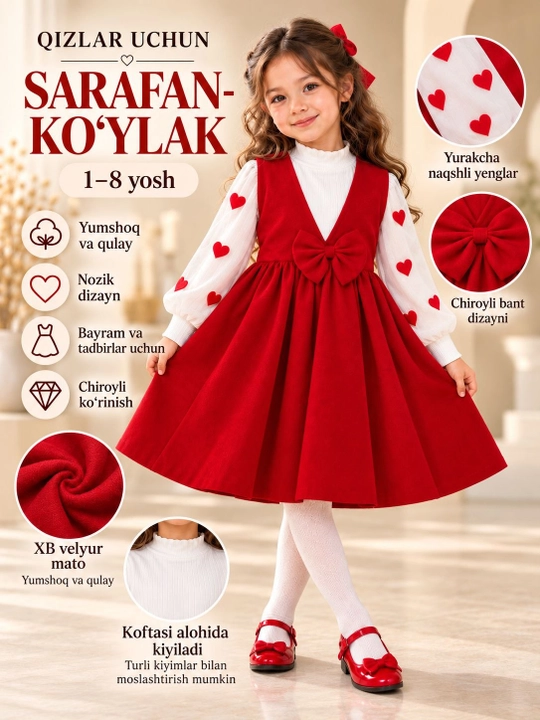 Qizlar uchun sarafan- ko`ylak, velyur oqshom ko`ylagi, qizil ko`ylak - 1-8 yosh - 