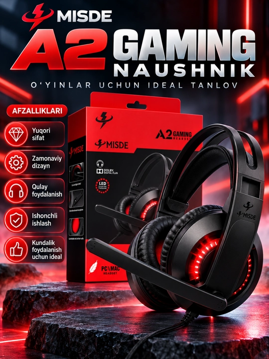 A2 gaming stereo naushnik mikrofonli rgb led simli quloqchin pc, laptop va telefon uchun - 