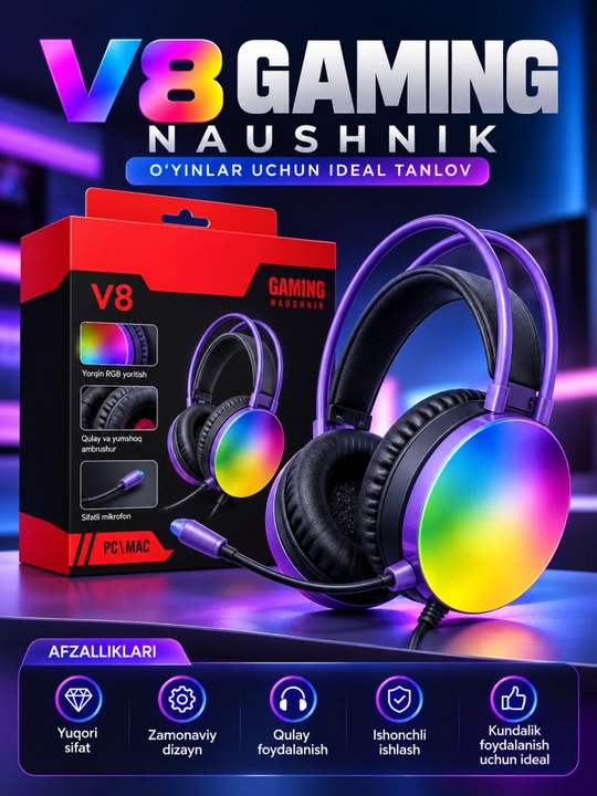 Kompyuter, noutbuk va smartfon uchun RGB LEDmikrofonli V8 Gaming stereo o‘yin naushniklari - 