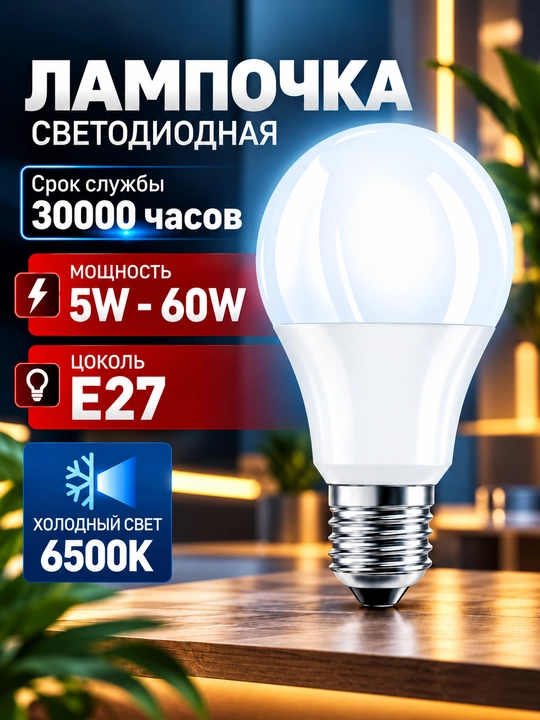 E27 LED lampa 5W–50W, 6500K, sovuq oq yorug‘lik, 90% gacha energiya tejamkor - 