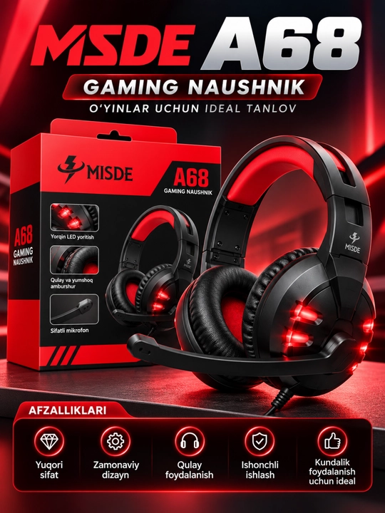 Kompyuter, noutbuk va smartfon uchunRGBLED mikrofonli A68 Gaming stereo o‘yin naushniklari - 