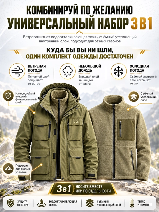 3 tasi 1 da kurtka, barcha mavsumlar uchun mo‘ljallangan, uniseks, suv o‘tkazmaydigan, shamoldan himoyalovchi