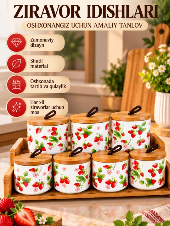 Ziravor idishlari, 7 talik idishlar to‘plami, qulupnay naqshli idishlar, yog‘och taglik - 