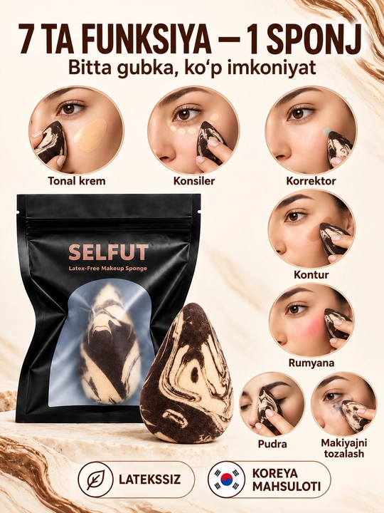 Gubka sponj makiyaj uchun, upa, tonal krem uchun, yuzga