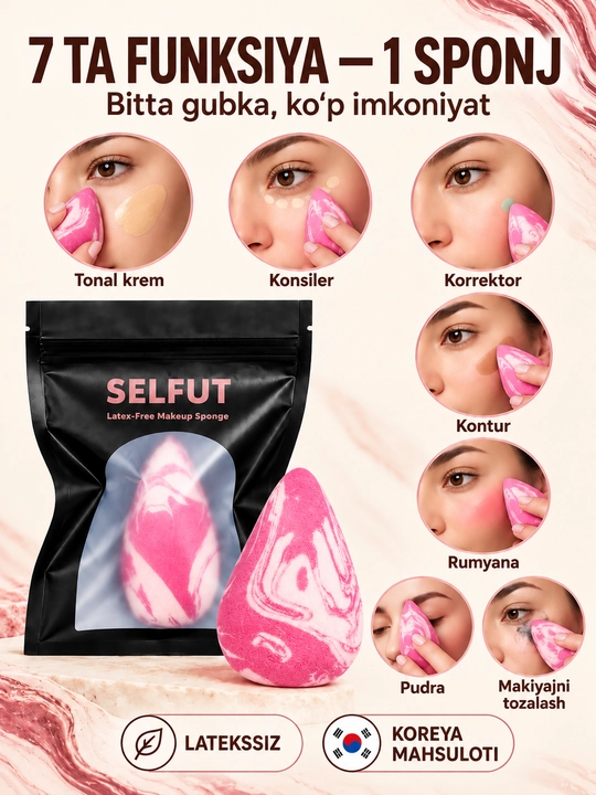 Gubka sponj makiyaj uchun, upa, tonal krem uchun, yuzga