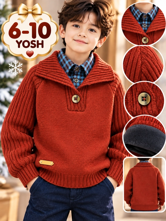 O‘g‘il bolalar sviteri 6–10 yosh, krem rang, tugmali yoqali, issiq fleece - 