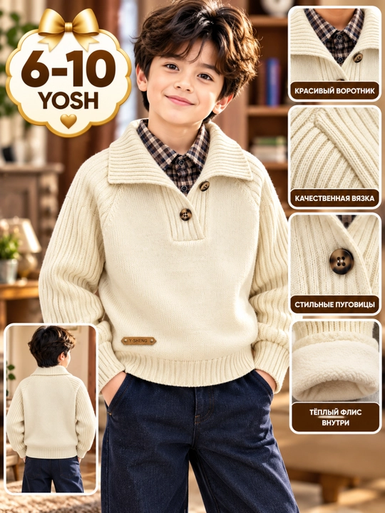 O‘g‘il bolalar sviteri 6–10 yosh, krem rang, tugmali yoqali, issiq fleece - 