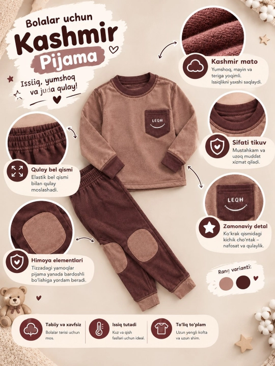 Kashmirdan tikilgan qiz va o‘g‘il bolalar uchun qishki pijama