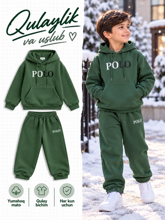 O‘g‘il bolalar uchun POLO sport kostyumi, hudili va shimli komplekt