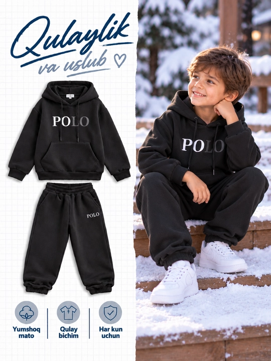 O‘g‘il bolalar uchun POLO sport kostyumi, hudili va shimli komplekt