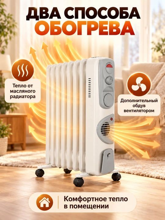 Moyli radiator 9/11/13 seksiyali, ventilyatorli, g‘ildirakli, 25–35 m² uy va ofis uchun