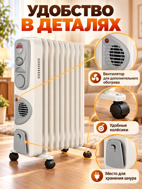 Moyli radiator 9/11/13 seksiyali, ventilyatorli, g‘ildirakli, 25–35 m² uy va ofis uchun