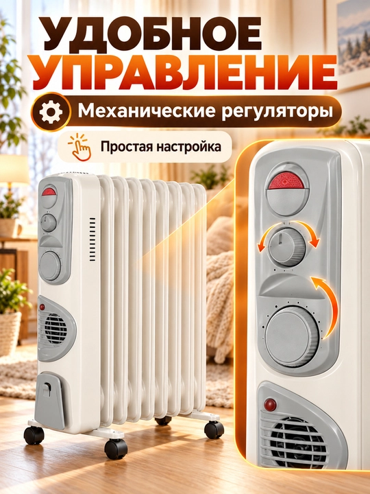 Moyli radiator 9/11/13 seksiyali, ventilyatorli, g‘ildirakli, 25–35 m² uy va ofis uchun