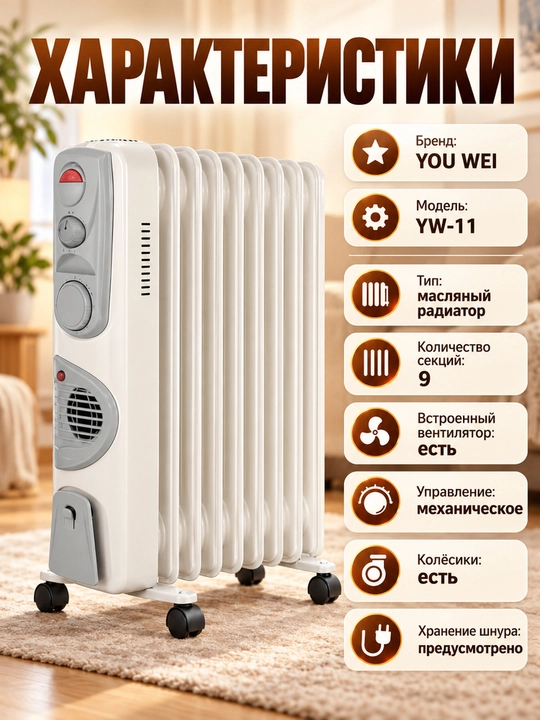 Moyli radiator 9/11/13 seksiyali, ventilyatorli, g‘ildirakli, 25–35 m² uy va ofis uchun