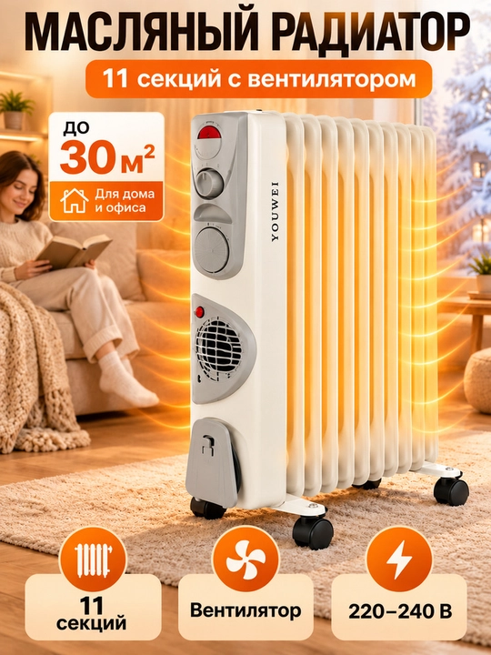 Moyli radiator 9/11/13 seksiyali, ventilyatorli, g‘ildirakli, 25–35 m² uy va ofis uchun - 