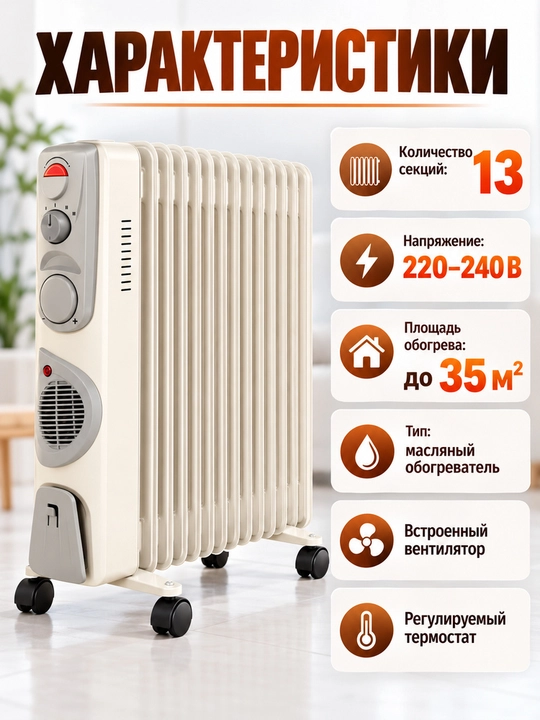Moyli radiator 9/11/13 seksiyali, ventilyatorli, g‘ildirakli, 25–35 m² uy va ofis uchun