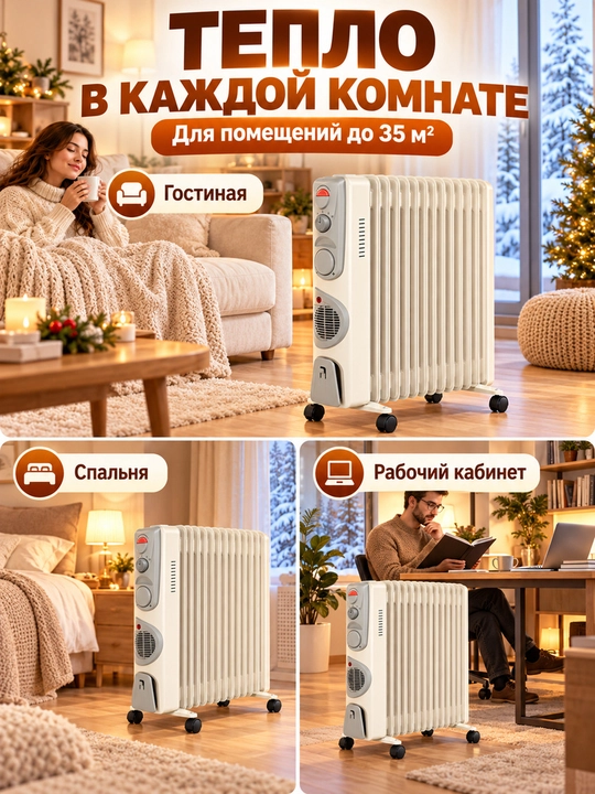 Moyli radiator 9/11/13 seksiyali, ventilyatorli, g‘ildirakli, 25–35 m² uy va ofis uchun