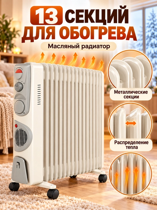 Moyli radiator 9/11/13 seksiyali, ventilyatorli, g‘ildirakli, 25–35 m² uy va ofis uchun
