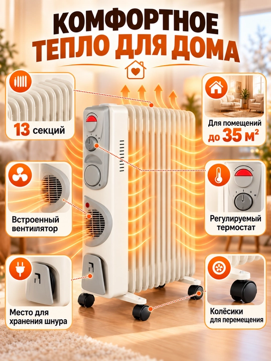 Moyli radiator 9/11/13 seksiyali, ventilyatorli, g‘ildirakli, 25–35 m² uy va ofis uchun