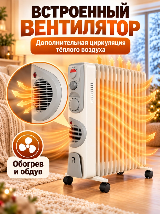 Moyli radiator 9/11/13 seksiyali, ventilyatorli, g‘ildirakli, 25–35 m² uy va ofis uchun