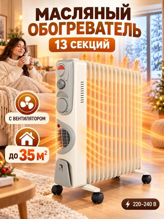 Moyli radiator 9/11/13 seksiyali, ventilyatorli, g‘ildirakli, 25–35 m² uy va ofis uchun - 