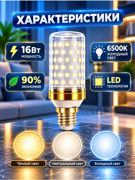 LED yorugʻlik lampasi E14 16 Vt, 3 ta yoritish rejimi (iliq / neytral / sovuq)