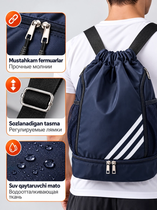 Universal ryukzak-sumka, sig‘imli, poyabzal uchun bo‘linmali, suvga chidamli