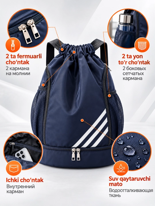Universal ryukzak-sumka, sig‘imli, poyabzal uchun bo‘linmali, suvga chidamli