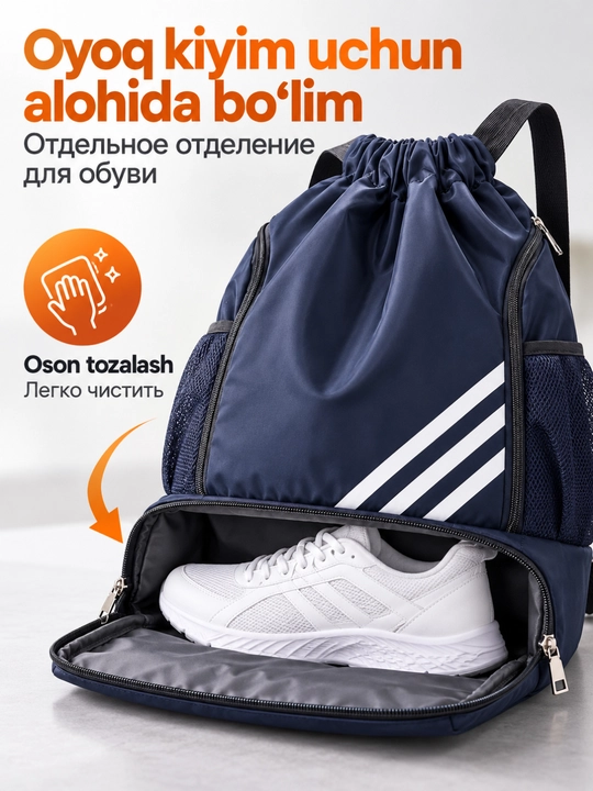 Universal ryukzak-sumka, sig‘imli, poyabzal uchun bo‘linmali, suvga chidamli