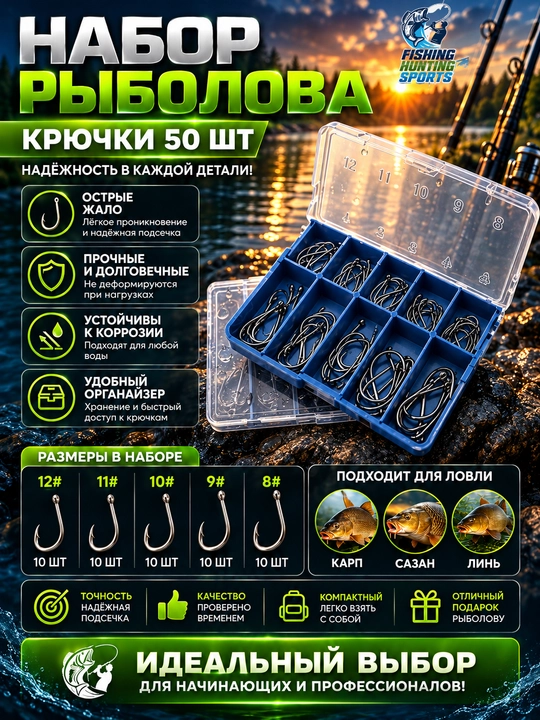 Рыболовные крючки, разный размер 50 шт в наборе - 