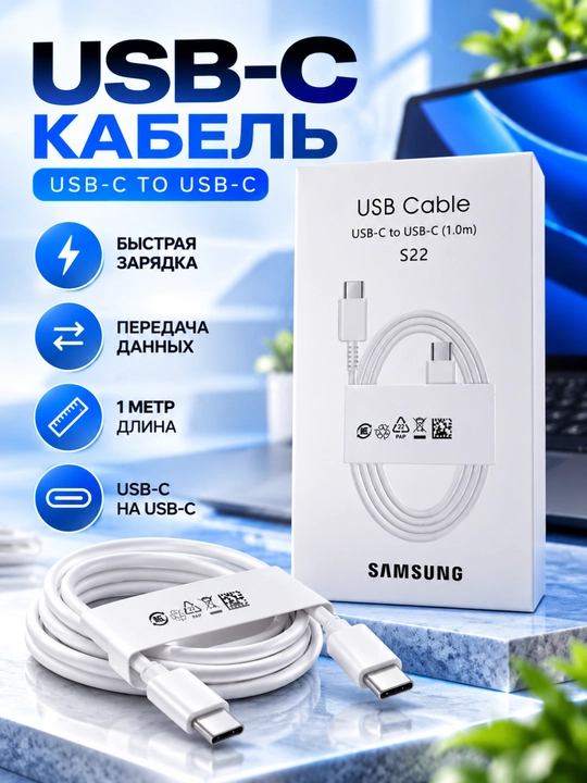 USB-C dan USB-C ga kabel 1 metr, oq rang, S22, quvvatlash va ma’lumot uzatish uchun - 