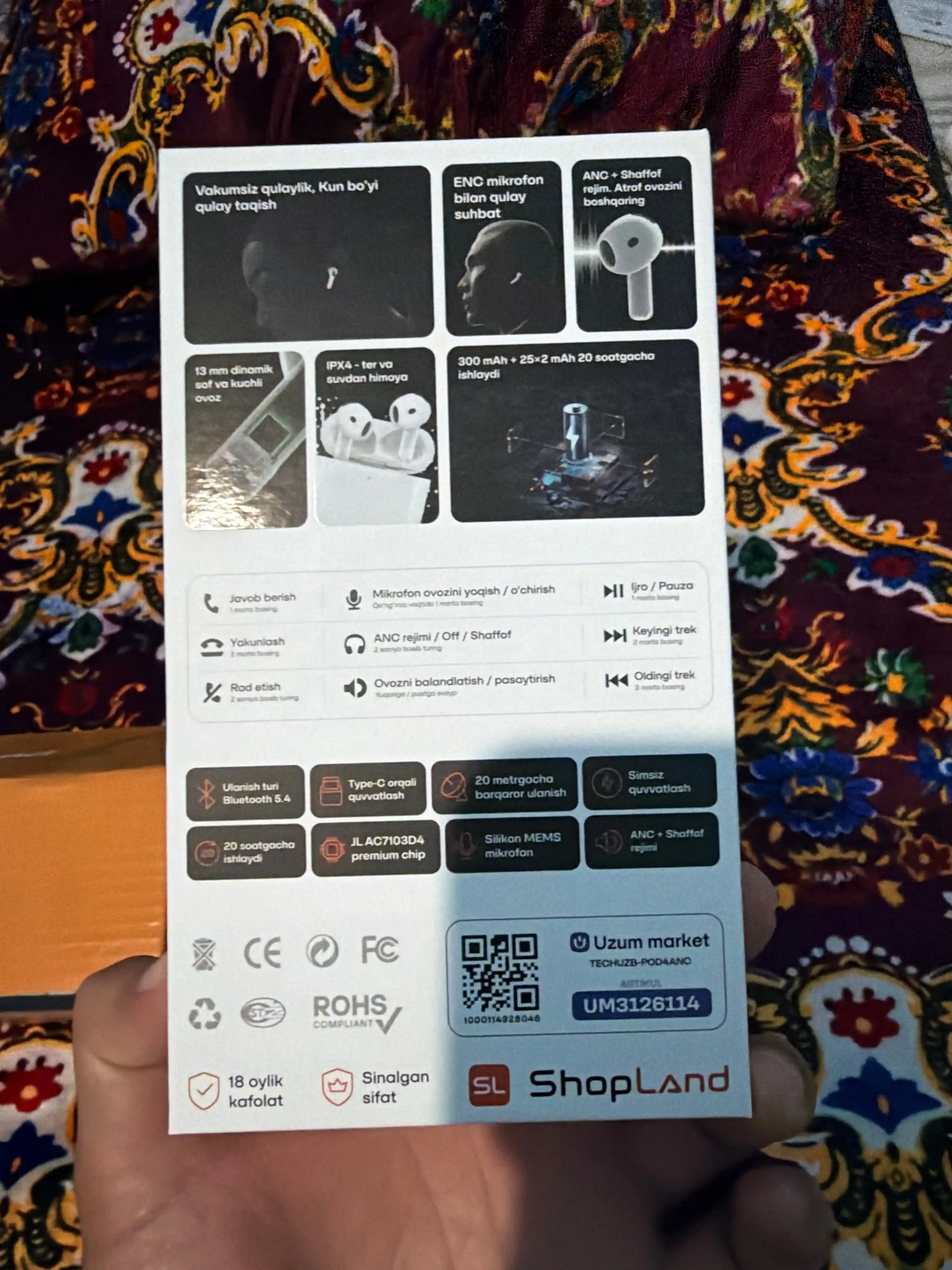 ShopLand Pods 4 ANC + ENC simsiz quloqchinlar, vakuumsiz, mikrofonli, iPhone va Android