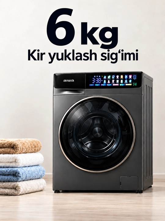 Стиральная машина AIWA 6 кг, инверторная, с паром и дисплеем, графитовая