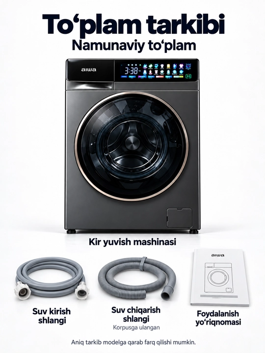 Стиральная машина AIWA 6 кг, инверторная, с паром и дисплеем, графитовая