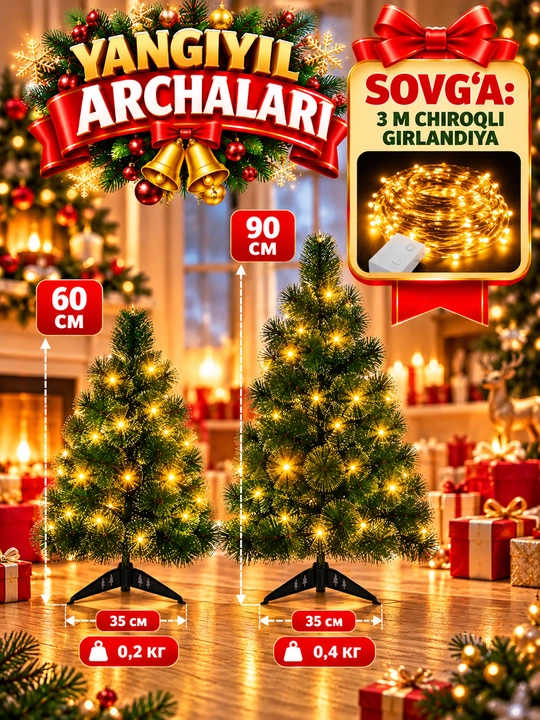 Yangi yil archasi, sun'iy archa, o‘lchami 60 sm, 90 sm 120 sm, 150 sm, 180 sm, 210 sm