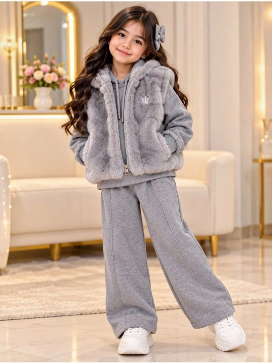 Зимний тёплый костюм 3 в 1 для девочек, меховой жилет, кофта и широкие брюки - 