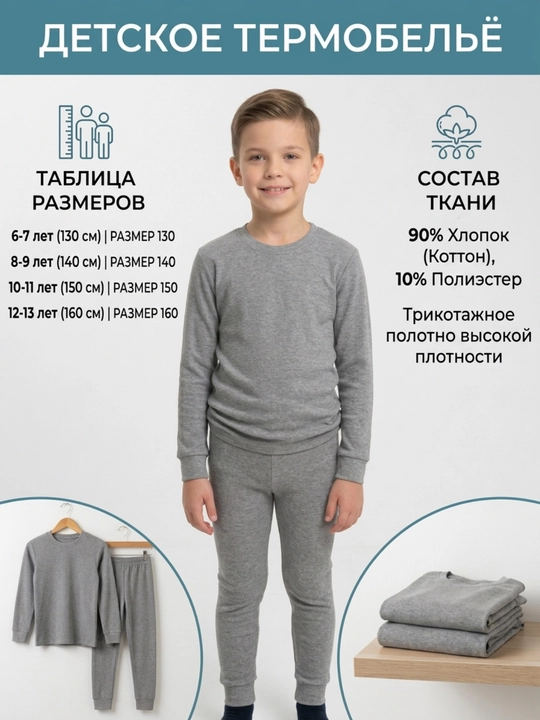 Детское термобелье для мальчиков, хлопковое теплое нижнее белье комплект - 