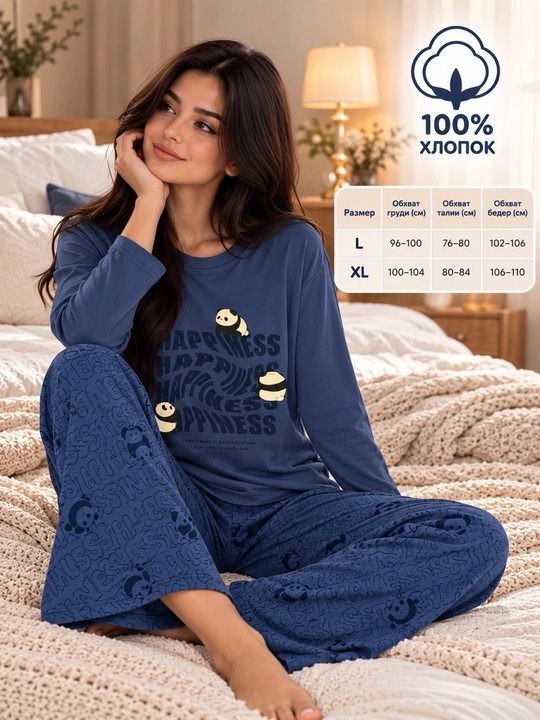 Ayollar pijamasi, 100% paxtali, uzun yengli va shimli uy kiyimi